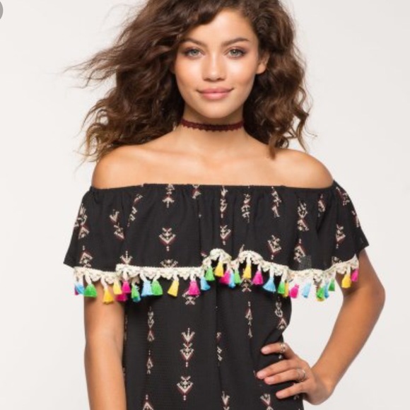 i.JOAH Tops - Anthro Style Rainbow Tassel Off Shoulder Top Small